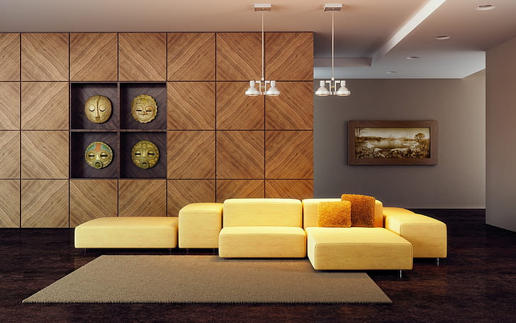 Ruang Tamu Hangat dan Modern, set ruang tamu, sofa, ruang tamu, furnitur, desain rumah, Wallpaper HD