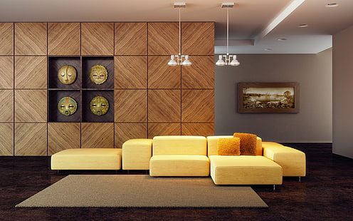 Ruang Tamu Hangat dan Modern, set ruang tamu, sofa, ruang tamu, furnitur, desain rumah, Wallpaper HD HD wallpaper
