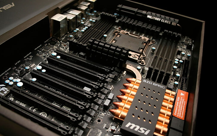 black MSI computer motherboard, MSI, motherboards, computer, technology, PC gaming, desk, HD wallpaper