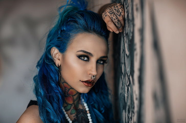 blue hair, tattoo, Felisja Piana, dyed hair, nose rings, Alessandro Di Cicco, portrait, depth of field, women, piercing, face, Fishball Suicide, HD wallpaper