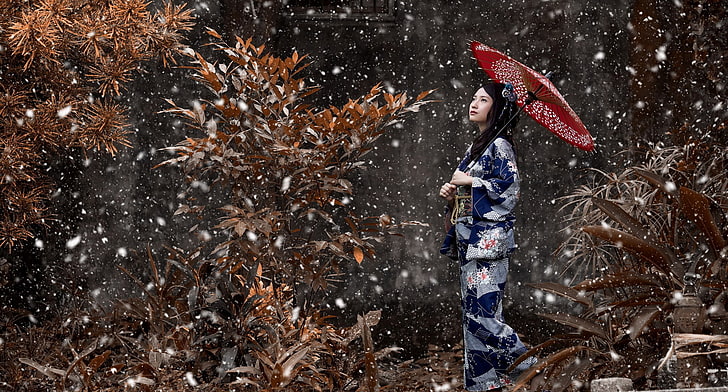 girl, branches, umbrella, Snow, kimono, peer, HD wallpaper