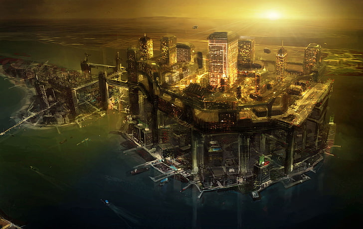 cityscape digital animated wallpaper, sunset, night, the city, future, art, Deus Ex 3, HD wallpaper