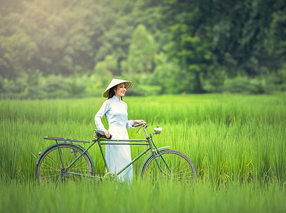 Girl, Bicycle, Rice Field Landscape, Asia, Others, Travel, Smile, Nature, Girl, People, Green, Happy, Woman, Lady, Field, Walk, Bicycle, Tropical, Photography, Outdoor, Middle, Rice, Country, Vacation, Traditional, Countryside, Dress, Lipstick, Clothing, visit, redlips, tourism, WhiteDress, conical hat, asian conical hat, farmer's hat, rice hat, asian rice hat, vietnamese, vietnamese dress, ao dai, HD wallpaper HD wallpaper