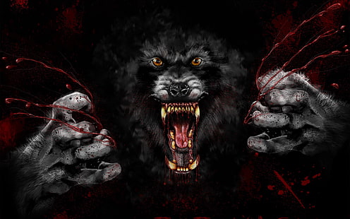 czarno-szara tapeta demona, krew, zęby, usta, kły, wilkołak, rzecz, przerażająca, Tapety HD HD wallpaper