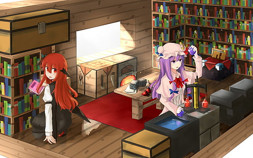 Anime, Touhou, Book, Hat, Koakuma (Touhou), Long Hair, Minecraft, Patchouli Knowledge, Purple Hair, Red Eyes, Red Hair, Video Game, HD wallpaper HD wallpaper