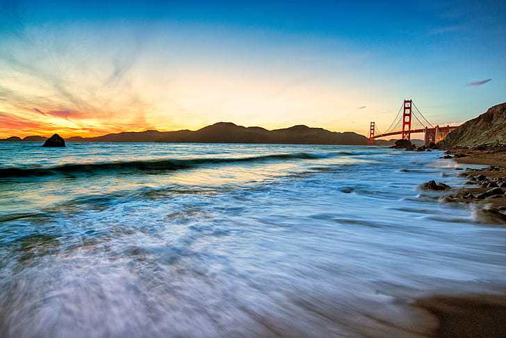 view of San Fransisco Golden Gate bridge and body of water, Tranquility, view, San Fransisco, Golden Gate bridge, body of water, ggb, marshall, beach, san francisco, sunset, long exposure, sea, landscape, coastline, nature, dusk, outdoors, HD wallpaper