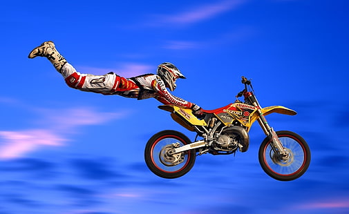 Saltos de motocross, bicicleta de sujeira amarela e vermelha, Corrida de motocicleta, Motocross, Saltos, HD papel de parede HD wallpaper