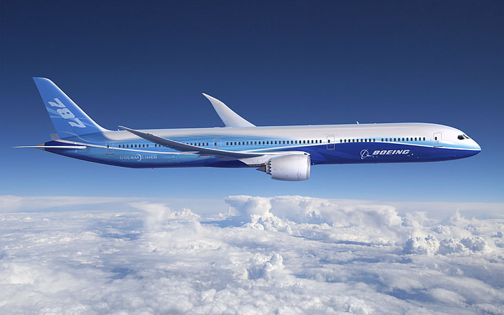white and blue Boeing 787 passenger plane, aviation, 787, dreamliner, boeing, sky, airplanes, clouds, HD wallpaper