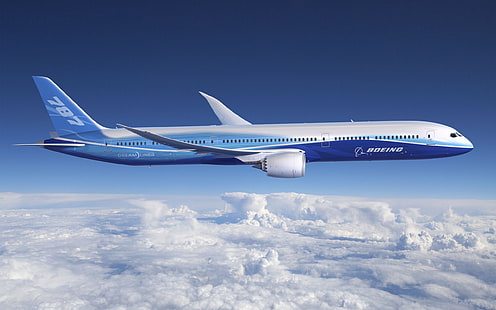 бело-синий пассажирский самолет Боинг 787, авиация, 787, лайнер лайнер, боинг, небо, самолеты, облака, HD обои HD wallpaper