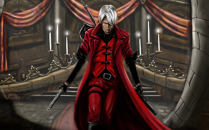 macho vestindo capa vermelha e terno segurando a ilustração de pistola, diabo pode chorar 1, dmc-1, demônio, capa, jogo, HD papel de parede