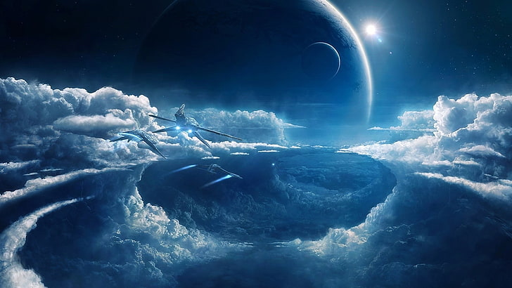 три серых космических корабля на горизонте обои, три самолета в воздухе рядом с облаками иллюстрации, облака, космос, корабль, синий, научная фантастика, космический корабль, цифровое искусство, космическое искусство, произведения искусства, HD обои