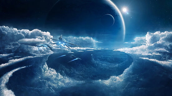 tre grå rymdfarkoster på horisont tapet, tre flygplan i luften bredvid moln illustration, moln, rymden, fartyg, blå, science fiction, rymdskepp, digital konst, rymdkonst, konstverk, HD tapet HD wallpaper
