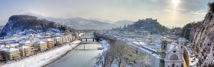 Hazy morning, snowstorm, river, Salzburg, Austria, Hazy, Morning, Snowstorm, River, Salzburg, Austria, HD wallpaper