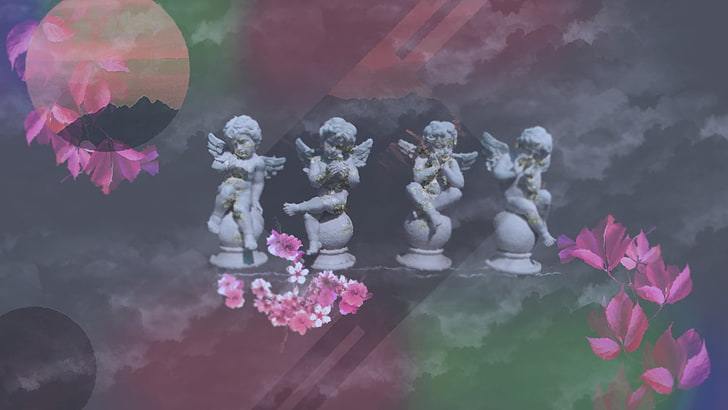 vaporwave, statue, angel, pink flowers, Pink flower, clouds, herbarium, shaders, soft shading, HD wallpaper