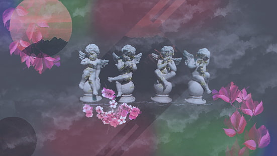 estátua, anjo, flores cor de rosa, flor rosa, nuvens, herbário, shaders, sombreamento suave, HD papel de parede HD wallpaper