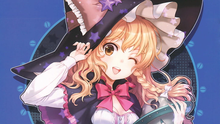 an2a, anime, background, bangs, blondes, blue, bows, braids, capes, cleavage, dress, eyes, faces, flying, games, girls, hair, hats, kirisame, long, marisa, mouth, open, ornaments, saucer, scans, shading, simple, smiling, soft, stars, touhou, video, wink, witches, yellow, HD wallpaper