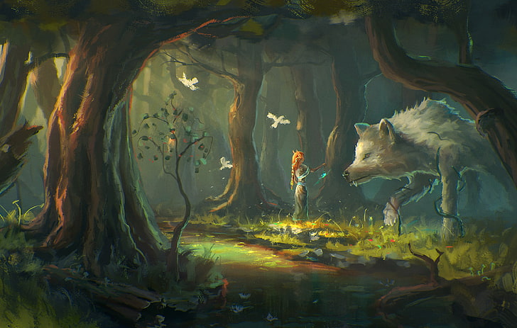 woman and wolf painting, fantasy art, wolf, forest, HD wallpaper