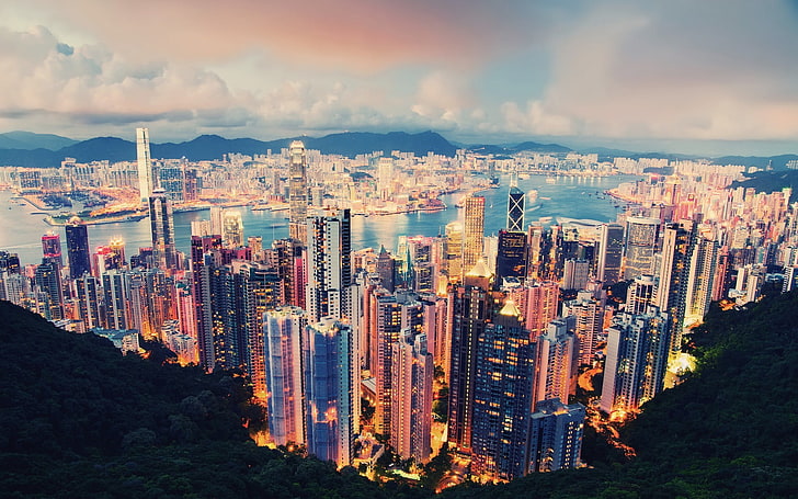 Hong Kong, city, cityscape, river, clouds, lights, skyscraper, HD wallpaper
