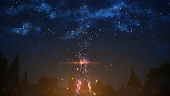 papel de parede digital nebulosa, ilustração de céu estrelado, Sword Art Online, espada, noite, céu, estrelas, arma, anime, Yuuki Tatsuya, HD papel de parede HD wallpaper