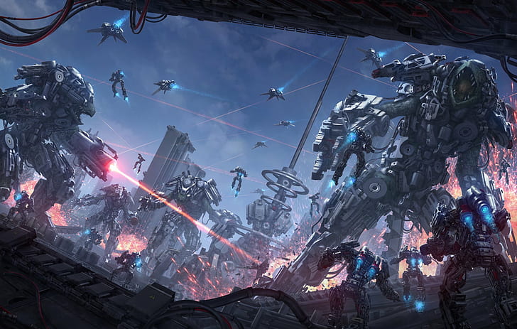 Cyborg, Krieg, futuristisch, dunkler Cyberpunk, Stadtbild, HD-Hintergrundbild