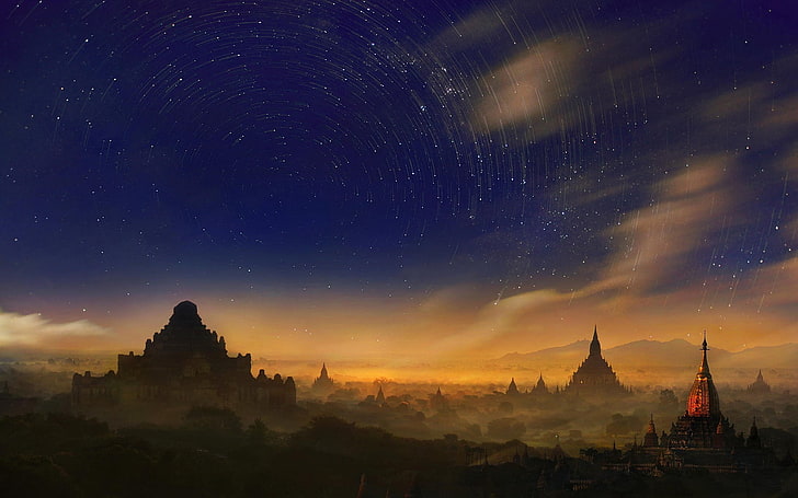 silhuett av torn under blå himmel under gyllene timmen, Weerapong Chaipuck, Bagan, Burma, Myanmar, stjärnor, rymden, himmel, lång exponering, HD tapet