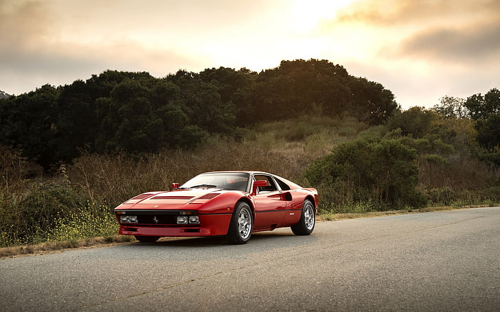 red classic coupe, ferrari, gto, 288, red, side view, HD wallpaper