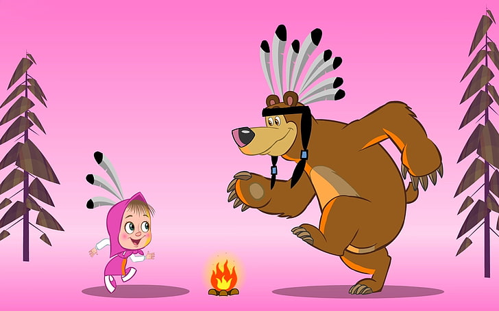 Masza i Niedźwiedź Taniec, dziewczyna w pobliżu ilustracji postaci z kreskówek zwierząt, kreskówki, kreskówki, Tapety HD