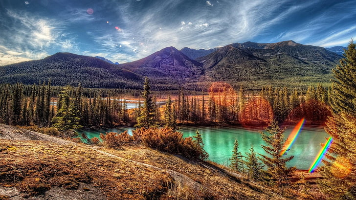 Национален парк Банф, национален парк, Канада, Алберта, пейзаж, езерце, небе, слънчеви лъчи, слънце, борове, бор, HD тапет
