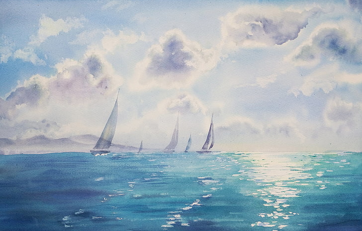 gray sailboat on sea painting, watercolor, blue, sky, nature, sea, HD wallpaper
