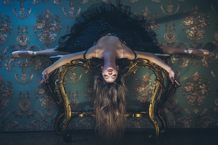 girl, pose, hands, ballerina, twine, long hair, on the table, closed eyes, Ivan Slavov, HD wallpaper
