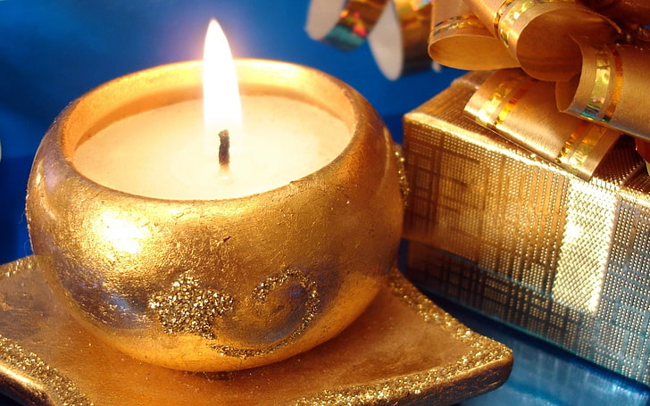 brown tealight candle holder, holiday, box, new year, Christmas, candle, HD wallpaper