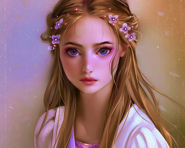 Blonde, cute, fantasy, flower, girl, hair, Rapunzel, HD wallpaper