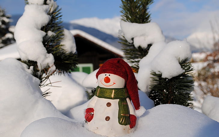 Фотография, зима, шляпа санты, снег, снеговик, HD обои