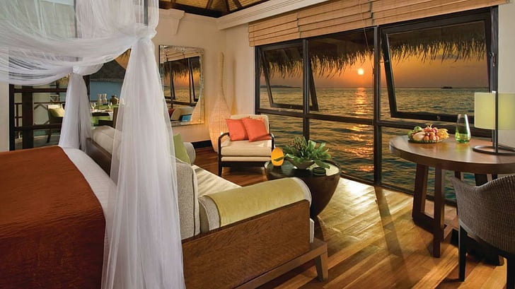 Soirée crépuscule vue hors de l'eau Bungalow Maldives, hôtel, chambre, tropical, resort, lagon, bungalow sur l'eau, plage, eau, maldives, sable, océan, Fond d'écran HD