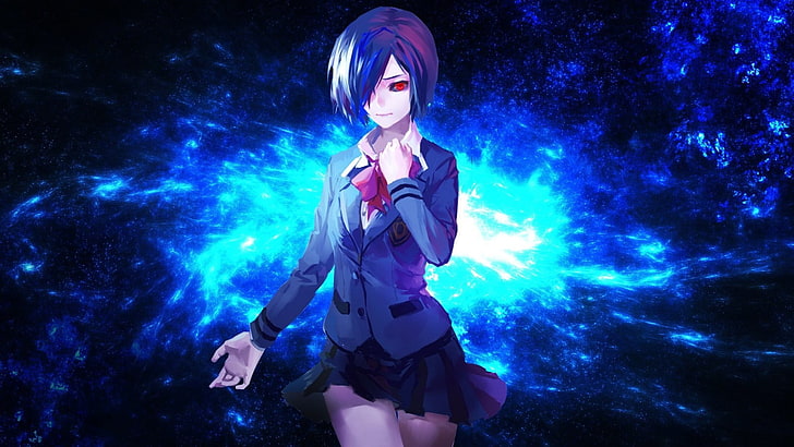 Mujer vestida con personaje de anime uniforme azul y negro, anime, Tokyo Ghoul, Kirishima Touka, Fondo de pantalla HD