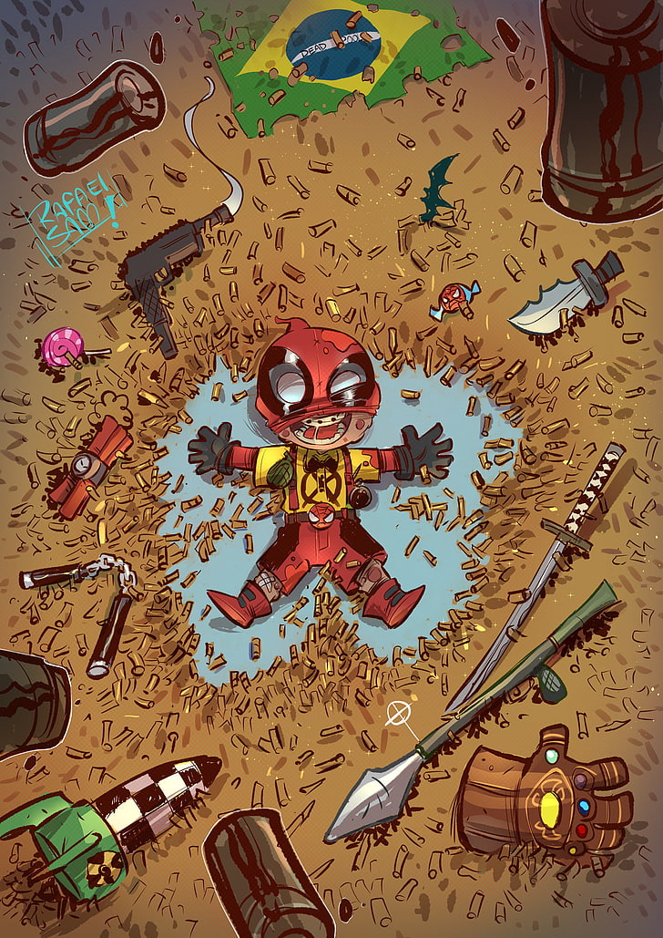 Rafael Sam, ilustración, Marvel Comics, Deadpool, niños, pistola, lanzacohetes, guantes, bala, Fondo de pantalla HD, fondo de pantalla de teléfono