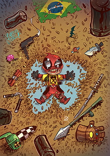 Рафаэль Сэм, иллюстрация, Marvel Comics, Deadpool, дети, пистолет, ракетные установки, перчатки, пуля, HD обои HD wallpaper