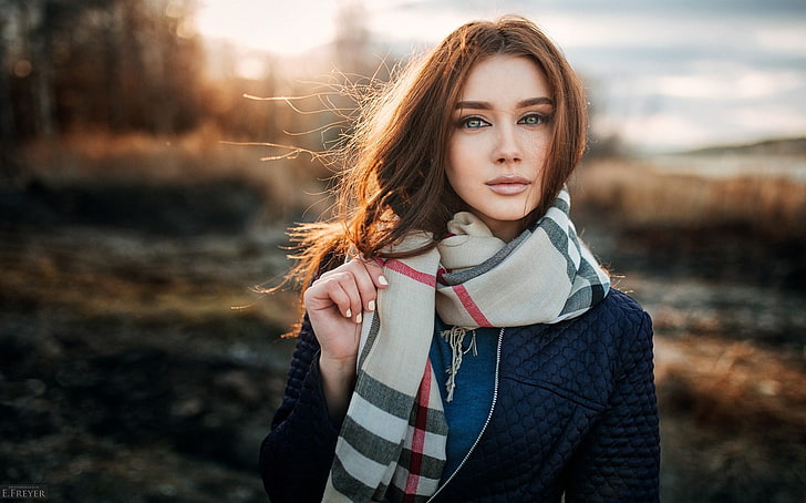 women, portrait, face, depth of field, scarf, women outdoors, Evgeny Freyer, HD wallpaper