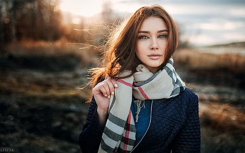 women, portrait, face, depth of field, scarf, women outdoors, Evgeny Freyer, HD wallpaper HD wallpaper