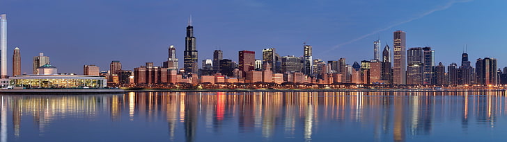 betongbyggnader, Chicago, Illinois, USA, stad, skyskrapa, flera displayer, reflektion, HD tapet