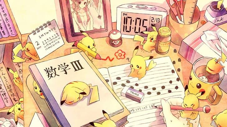 Pikachu, notebooks, Eraser, writing, footprints, HD wallpaper