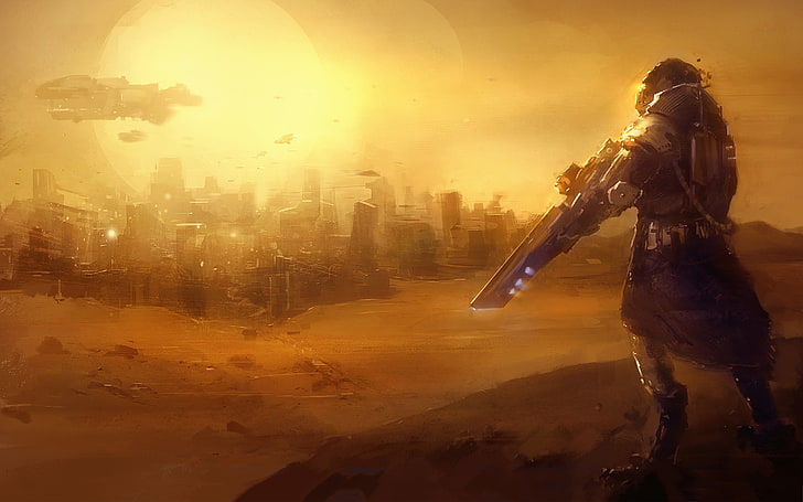 painting of brown and white house, dune, desert, snipers, HD wallpaper