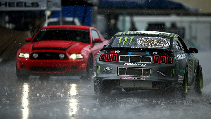 Ford Mustang grigio e rosso, Mustang, Ford, Pioggia, Luci, RTR, Monster Energy, Tuning, Team, LightsФорд, Monster, Sfondo HD
