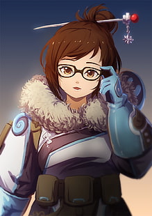 anime, anime girls, Overwatch, Mei (Overwatch), cheveux courts, brune, yeux marrons, lunettes, Fond d'écran HD HD wallpaper