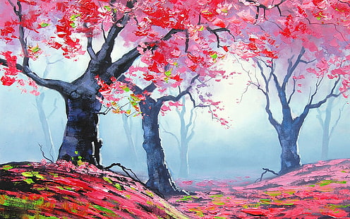 การวาดต้นไม้ในฤดูใบไม้ผลิ, ฤดูใบไม้ผลิ, ธรรมชาติ, ต้นไม้, การวาดภาพ, วอลล์เปเปอร์ HD HD wallpaper