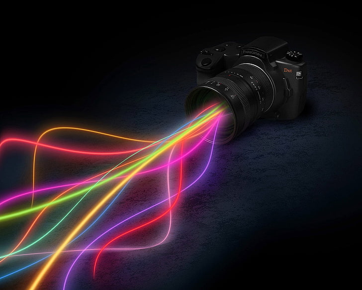 black DSLR camera, camera, rays, lens flare, beams, HD wallpaper