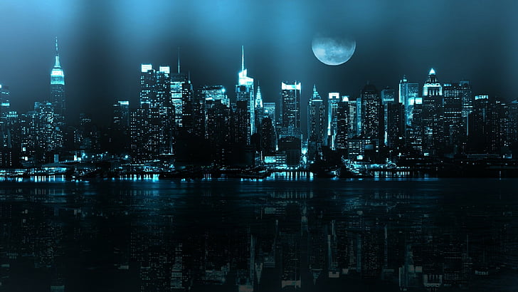 луна, ночь, полнолуние, ночное небо, отражение, отражение, небо, небоскребы, HD обои