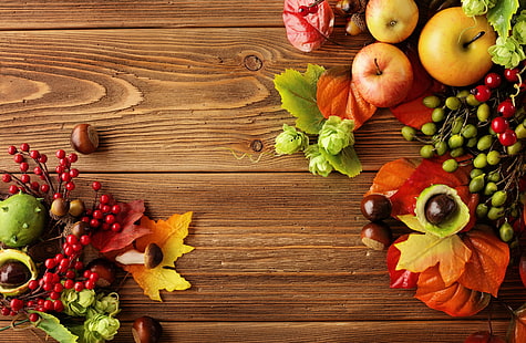 red apple fruits, autumn, leaves, apples, still life, fruit, berries, harvest, HD wallpaper HD wallpaper