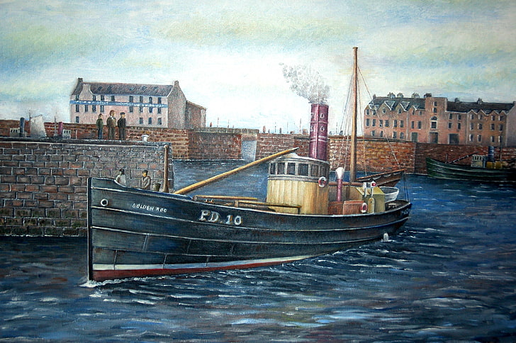oil, picture, Scotland, canvas, PD10 &quot;Golden rod&quot;, fishing harbour, seiner, the port of Peterhead, HD wallpaper