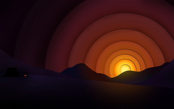 sztuka cyfrowa, zachód słońca, góry, Tapety HD